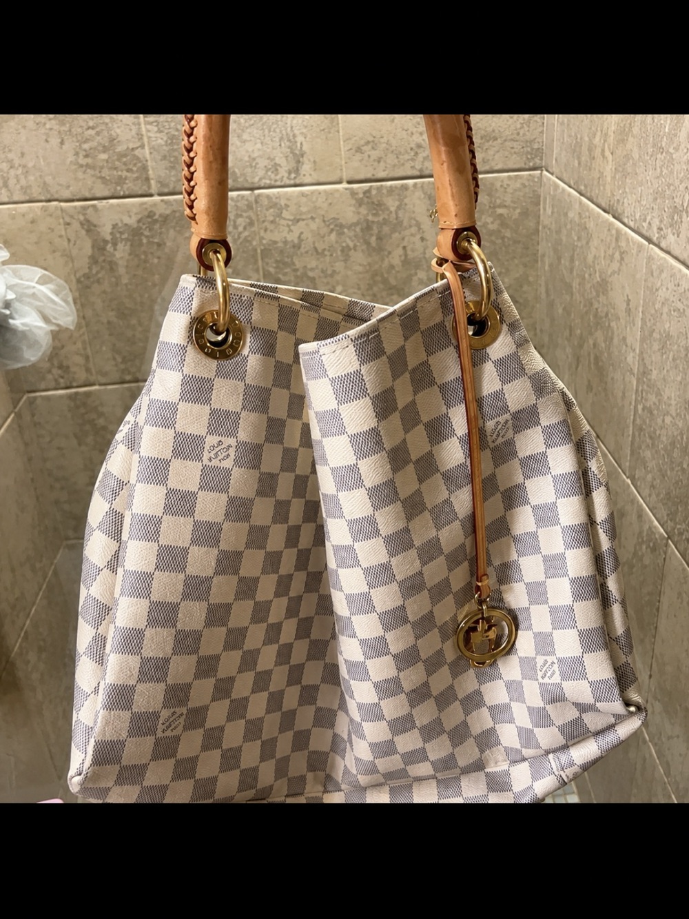 Louis Vuitton Damier Azur Checkered Shoulder Bag with Tan Handles